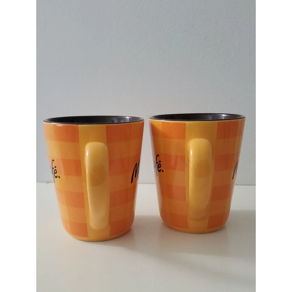 McCafe Orange Plaid Coffee Mugs 12 oz. Set Of 2